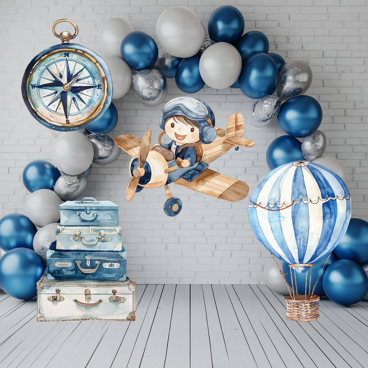 Blue Aviator Cutout (Plane & Compass), Time flies, Adventure Baby Shower, Watercolor Hot Air Balloon, Airplane Backdrop, Birthday Decor,Baby Boy,Centerpieces