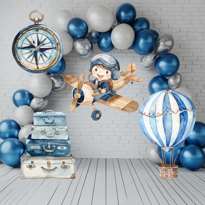 Blue Aviator Cutout (Plane & Compass), Time flies, Adventure Baby Shower, Watercolor Hot Air Balloon, Airplane Backdrop, Birthday Decor,Baby Boy,Centerpieces