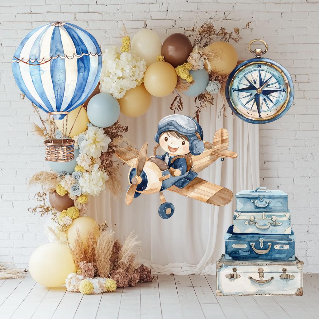 Blue Aviator Cutout (Plane & Compass), Time flies, Adventure Baby Shower, Watercolor Hot Air Balloon, Airplane Backdrop, Birthday Decor,Baby Boy,Centerpieces
