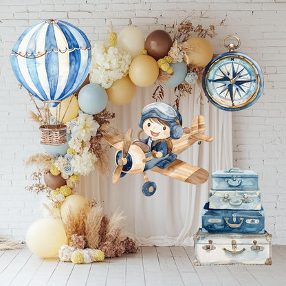 Blue Aviator Cutout (Plane & Compass), Time flies, Adventure Baby Shower, Watercolor Hot Air Balloon, Airplane Backdrop, Birthday Decor,Baby Boy,Centerpieces