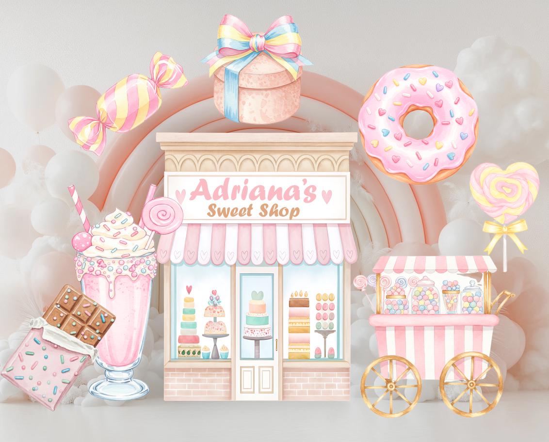 Candyland Cutouts Decor (Sweet Shop Storefront), Candy Shop Backdrop, Two Sweet Birthday, Ice Cream Baby Shower, Lollipop, Donuts, Candy Theme Decor, Sweet Store
