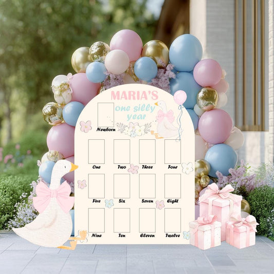 Personalized One Silly Goose First Birthday Photo Board — custom party decor, printed and cut to shape