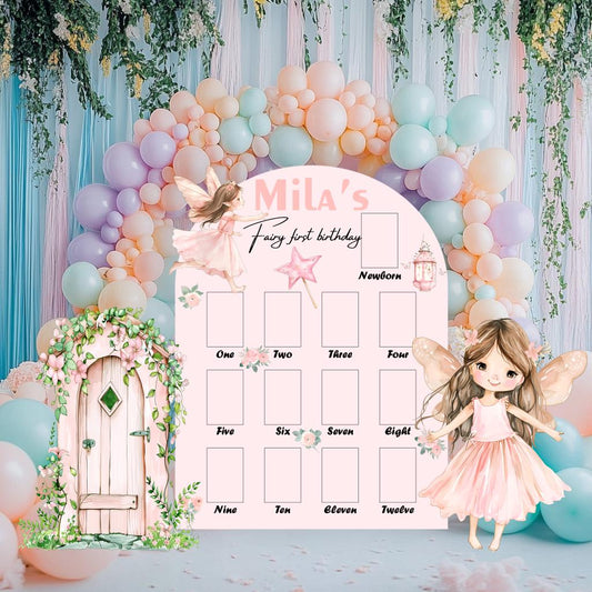 Personalized Fairy First Birthday Photo Board — custom party decor, printed and cut to shape