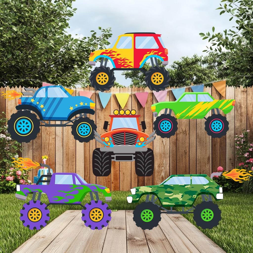 Monster Truck Birthday Cutouts — custom party decor, printed and cut to shape