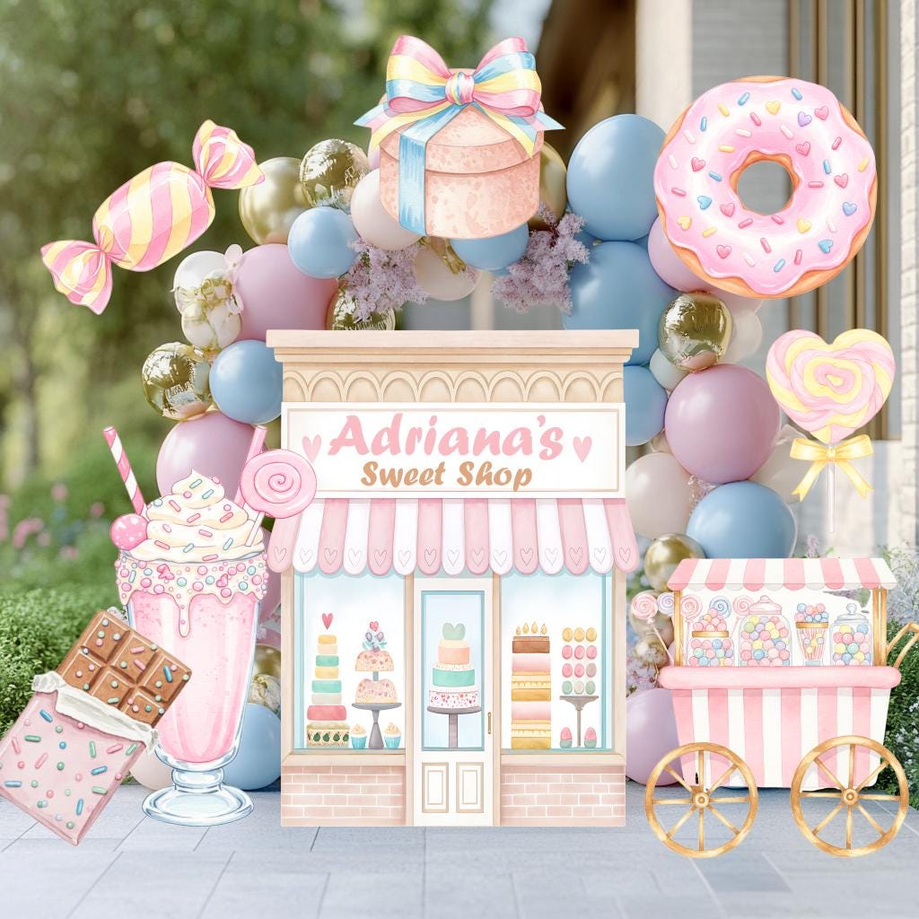 Candyland Cutouts Decor (Sweet Shop Storefront), Candy Shop Backdrop, Two Sweet Birthday, Ice Cream Baby Shower, Lollipop, Donuts, Candy Theme Decor, Sweet Store