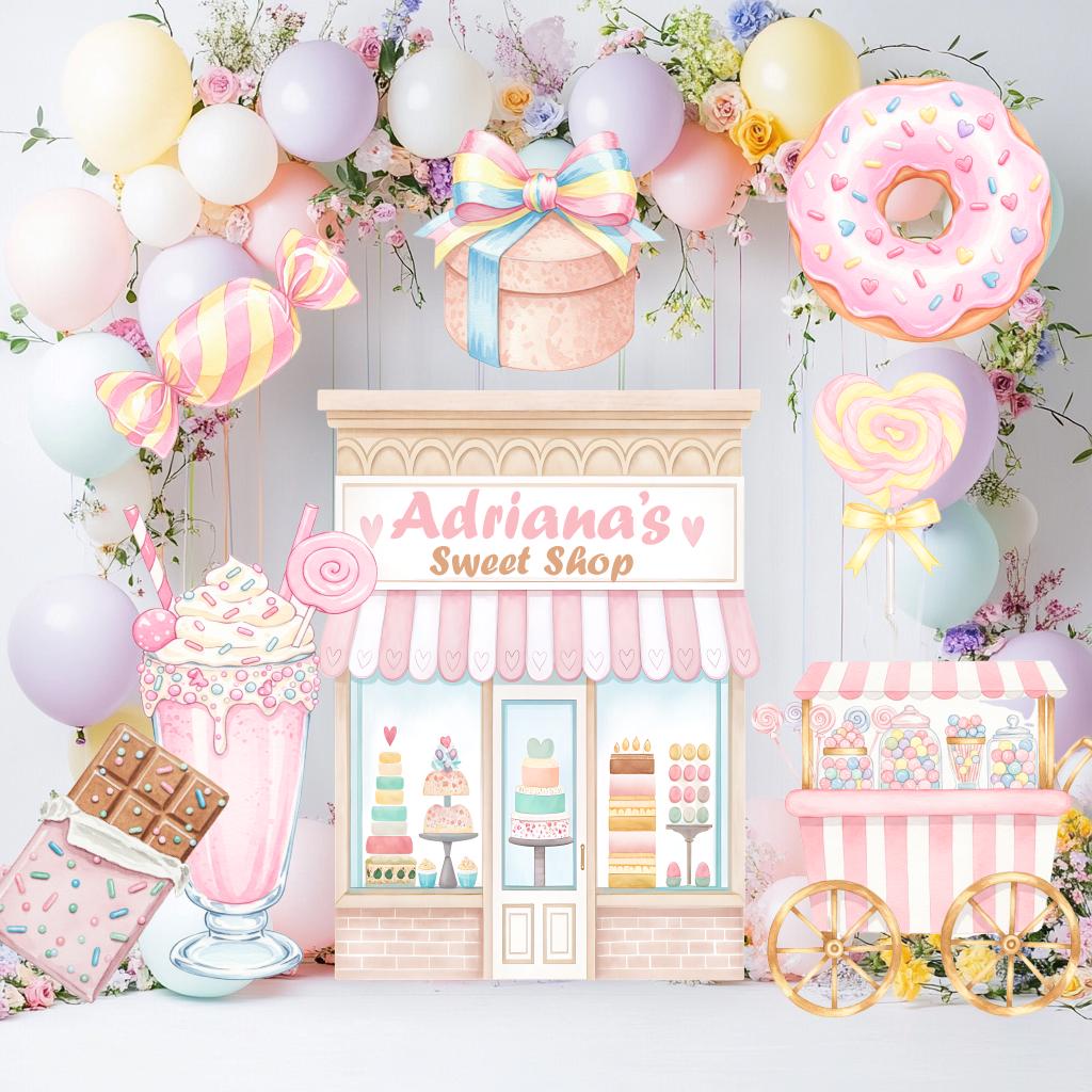 Candyland Cutouts Decor (Sweet Shop Storefront), Candy Shop Backdrop, Two Sweet Birthday, Ice Cream Baby Shower, Lollipop, Donuts, Candy Theme Decor, Sweet Store