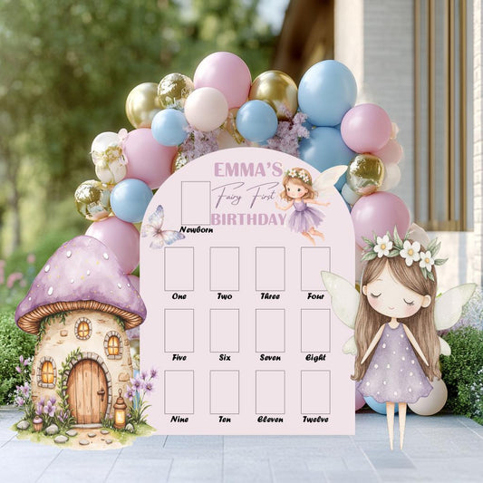 Personalized Purple Fairy First Birthday Photo Board — custom party decor, printed and cut to shape