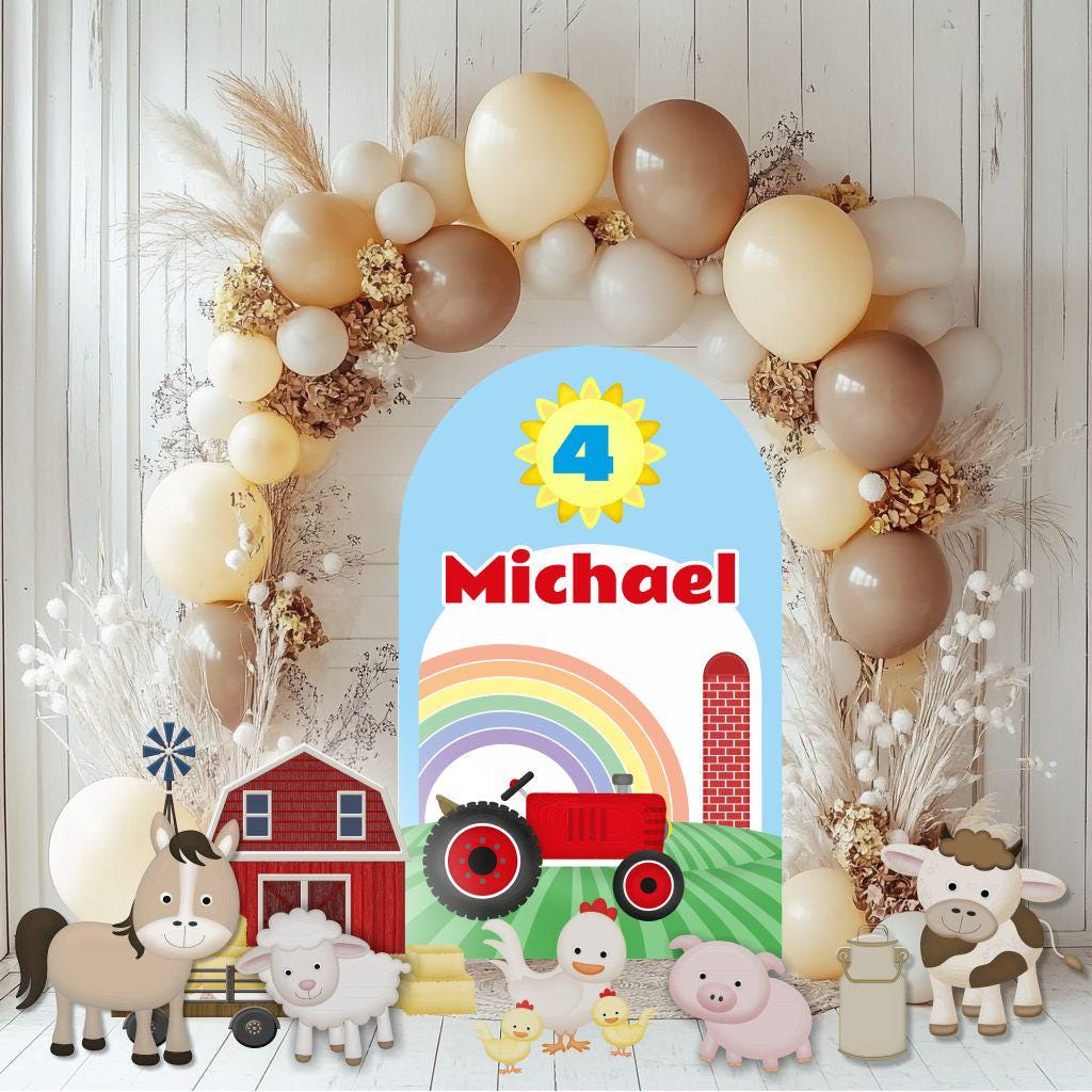 Farm Animals Cutouts Set (Personalized Rainbow Arch), Ranch Animals Party, Barnyard Birthday Prop, Farm Animal Standee, Baby Shower,Farm Themed Party Decor,Centerpieces