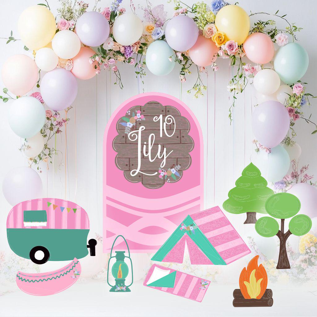 Pink Camp Themed Birthday Cutouts — custom party decor, printed and cut to shape