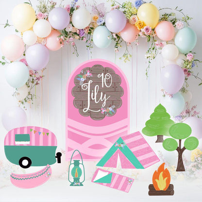 Pink Camp Themed Birthday Cutouts — custom party decor, printed and cut to shape