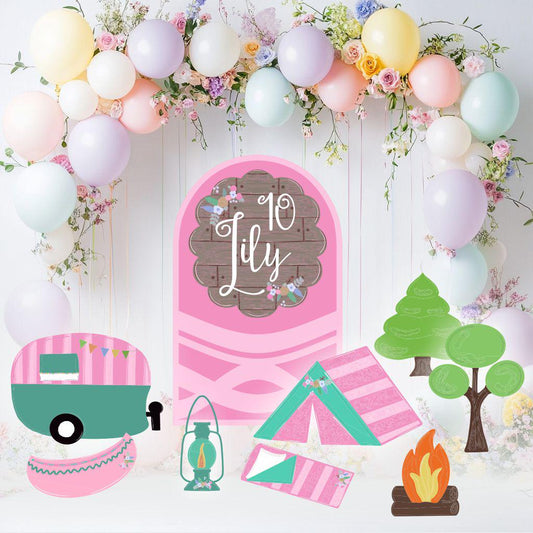Pink Camp Themed Birthday Cutouts — custom party decor, printed and cut to shape