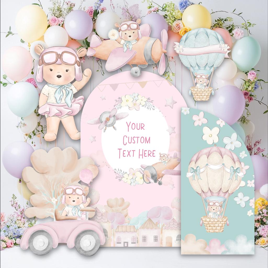 Pink Aviator Bear Cutouts, Girls First Birthday, Time Flies, Traveling Baby Shower, Hot Air Balloon, We Can Bearly Wait, Teddy Bear Props