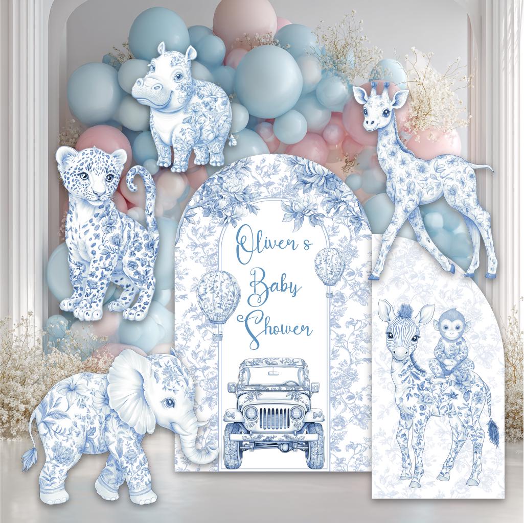 Blue Toile Safari Animals Cutouts, Chinoiserie Birthday Sign, Toile de Jouy Backdrop, Blue Safari Toile Baby Shower Decor, Safari Truck Prop