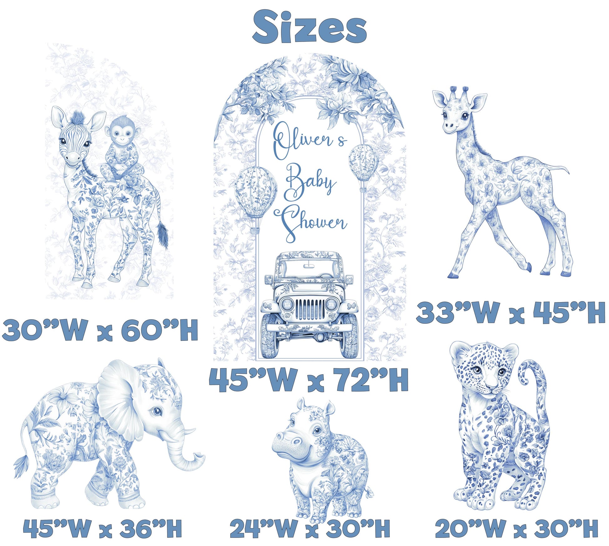 Blue Toile Safari Animals Cutouts, Chinoiserie Birthday Sign, Toile de Jouy Backdrop, Blue Safari Toile Baby Shower Decor, Safari Truck Prop