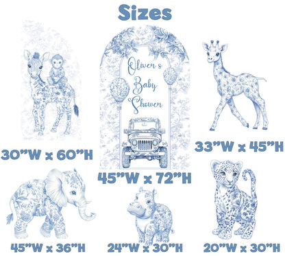 Blue Toile Safari Animals Cutouts, Chinoiserie Birthday Sign, Toile de Jouy Backdrop, Blue Safari Toile Baby Shower Decor, Safari Truck Prop