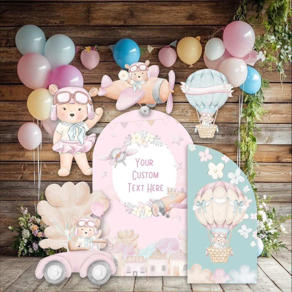 Pink Aviator Bear Cutouts, Girls First Birthday, Time Flies, Traveling Baby Shower, Hot Air Balloon, We Can Bearly Wait, Teddy Bear Props