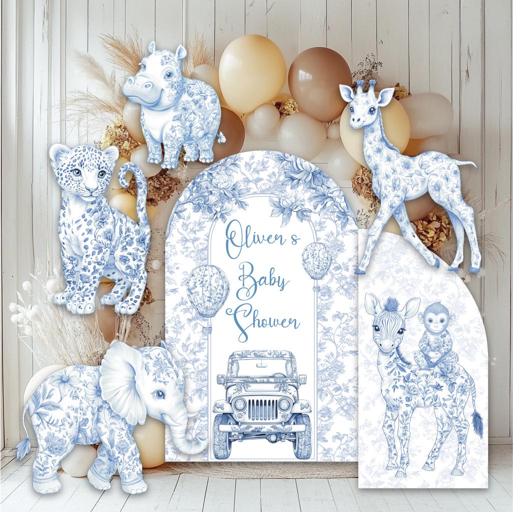 Blue Toile Safari Animals Cutouts, Chinoiserie Birthday Sign, Toile de Jouy Backdrop, Blue Safari Toile Baby Shower Decor, Safari Truck Prop