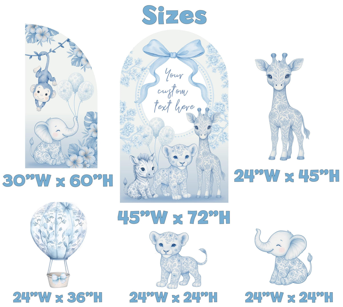 Blue Toile Safari Animals Cutouts, Chinoiserie Birthday Sign, Toile de Jouy Backdrop, Blue Safari Toile Baby Shower Decor, Hot Air Balloon