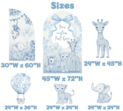 Blue Toile Safari Animals Cutouts, Chinoiserie Birthday Sign, Toile de Jouy Backdrop, Blue Safari Toile Baby Shower Decor, Hot Air Balloon