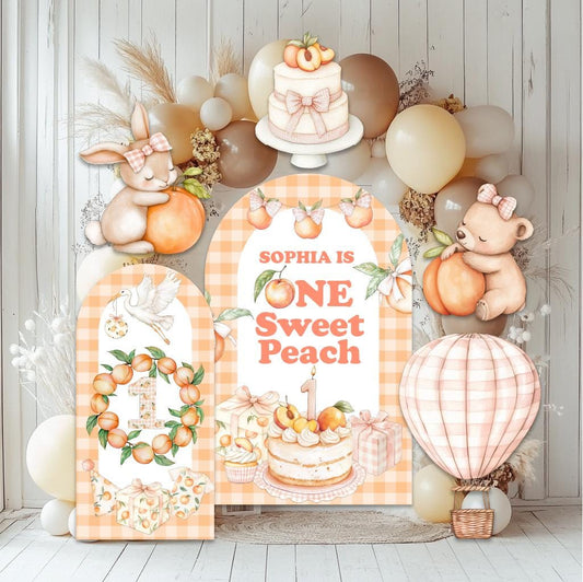 One Sweet Peach Birthday Cutouts — custom party decor, printed and cut to shape