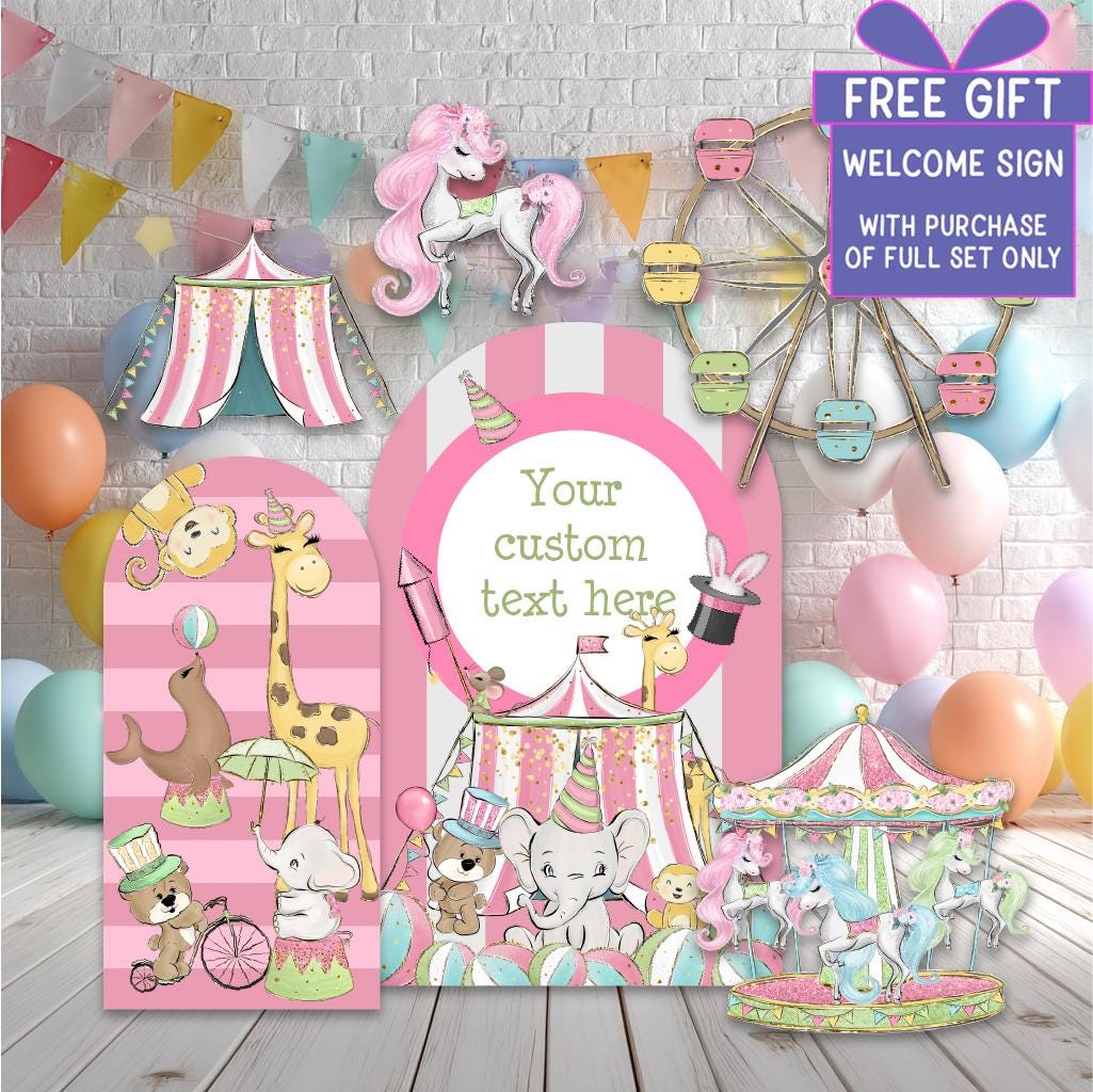 Pink Circus Party Cutouts — custom party decor, printed and cut to shape
