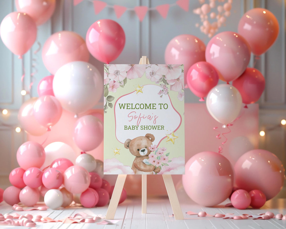 Pink Bear Cutouts, Girls First Birthday, We Can Bearly Wait, Baby Shower, Teddy Bear, Floral Bear, Cute Bear, Pink Backdrop, Sign,Party Prop