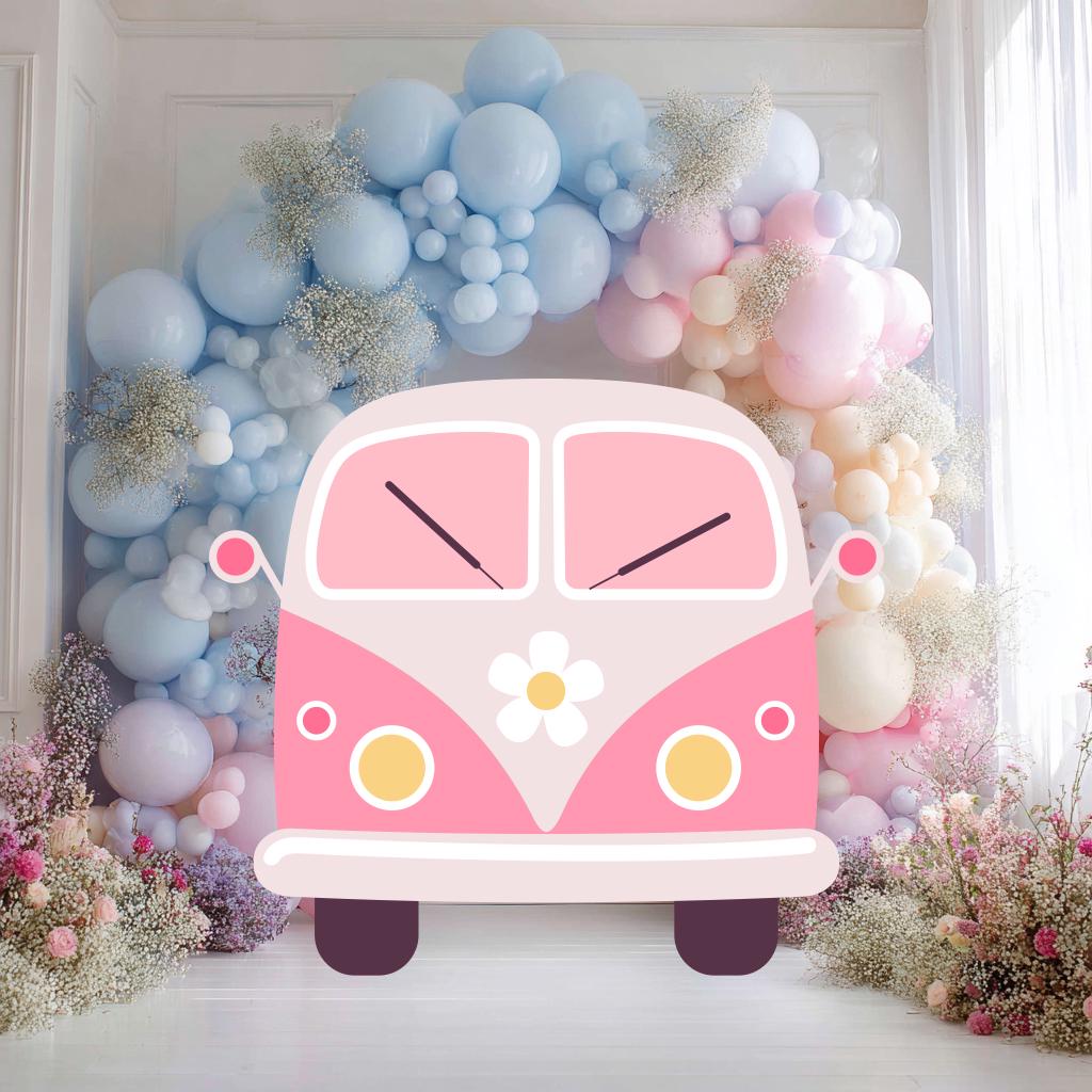 Hippie Pink Bus Cutout — custom party decor, printed and cut to shape