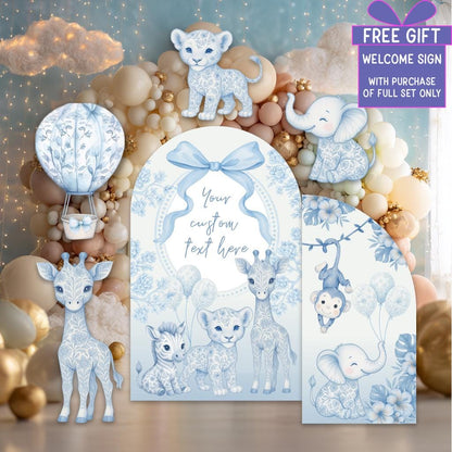 Blue Toile Safari Animals Cutouts, Chinoiserie Birthday Sign, Toile de Jouy Backdrop, Blue Safari Toile Baby Shower Decor, Hot Air Balloon