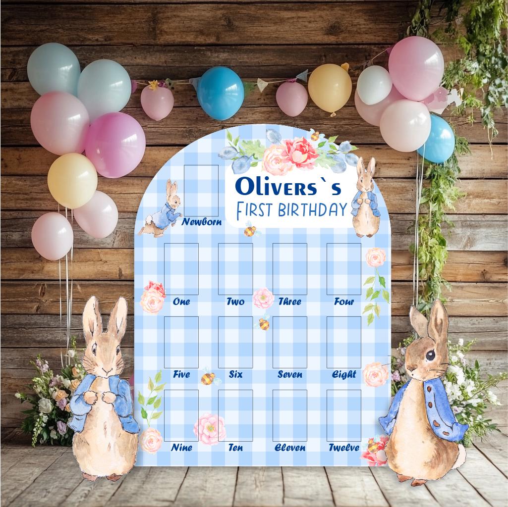 Personalized Blue Garden Bunny Photo Board, Milestone, Boys First Birthday, First Year Photo Board, Blue Baby Boy, Standee, Party Props