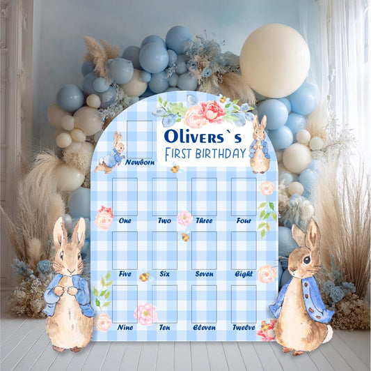 Personalized Blue Garden Bunny Photo Board — custom party decor, printed and cut to shape