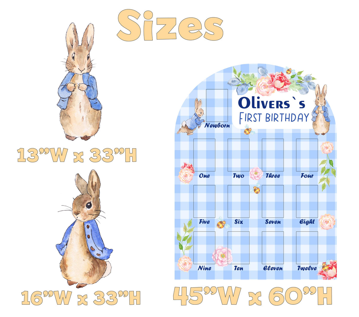 Personalized Blue Garden Bunny Photo Board, Milestone, Boys First Birthday, First Year Photo Board, Blue Baby Boy, Standee, Party Props