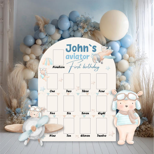 Personalized Blue Aviator Bear Photo Board — custom party decor, printed and cut to shape