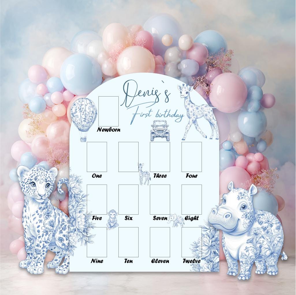 Personalized Blue Toile Safari Animals Cutouts, Milestone, Boys First Birthday, First Year Photo Board, Safari Toile de Jouy, Chinoiserie