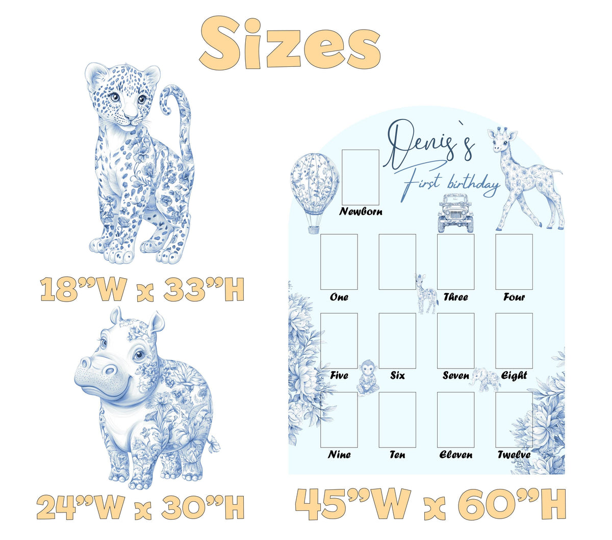 Personalized Blue Toile Safari Animals Cutouts, Milestone, Boys First Birthday, First Year Photo Board, Safari Toile de Jouy, Chinoiserie