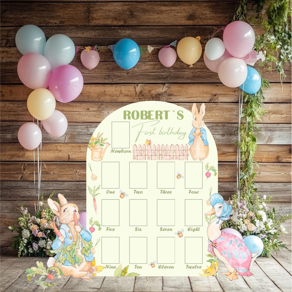 Personalized Garden Bunny Photo Board — custom party decor, printed and cut to shape