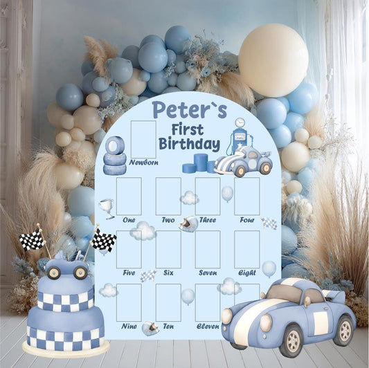 Personalized Blue Racer Birthday Photo Board — custom party decor, printed and cut to shape