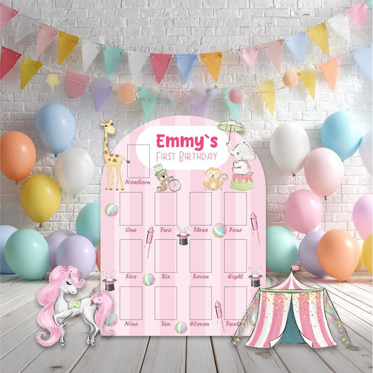 Personalized Pink Circus Birthday Photo Board — custom party decor, printed and cut to shape
