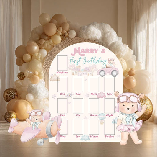Personalized Pink Aviator Bear Photo Board — custom party decor, printed and cut to shape