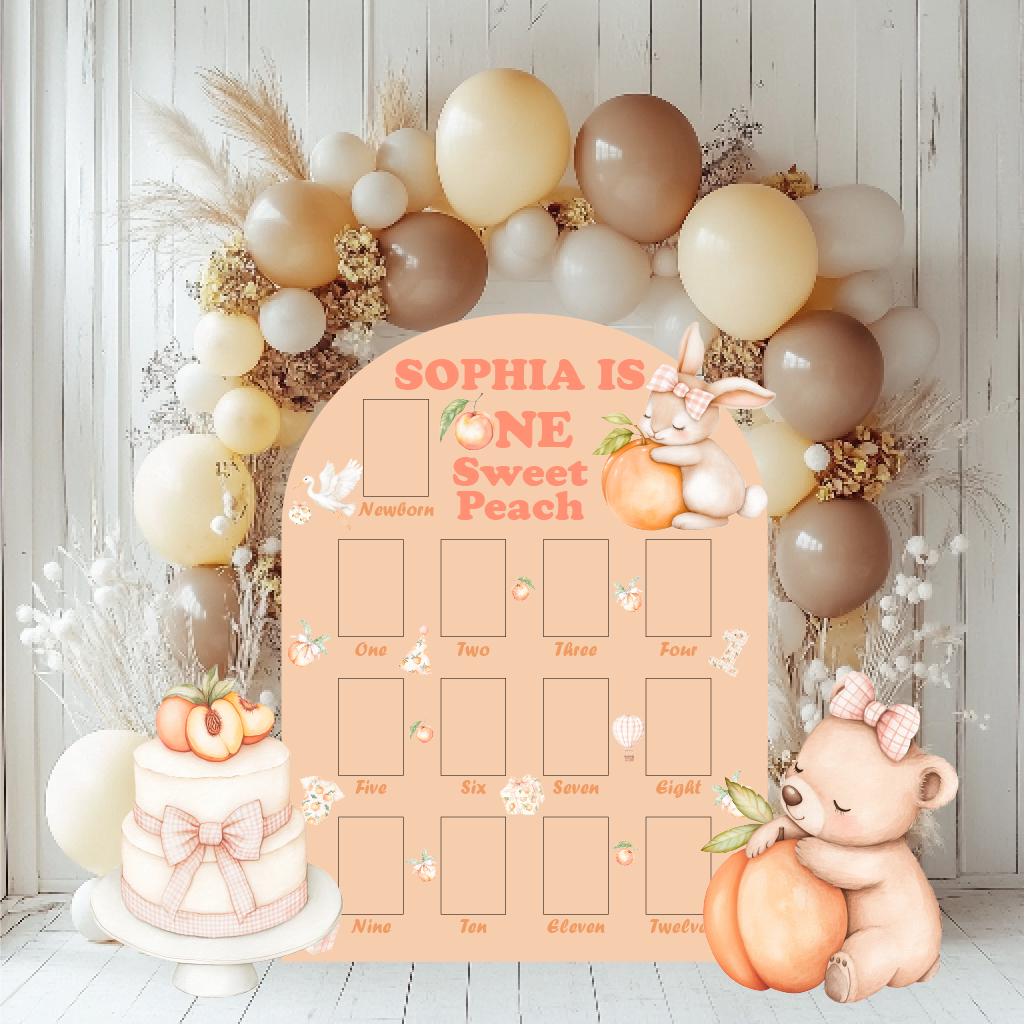 Personalized One Sweet Peach Birthday Photo Board — custom party decor, printed and cut to shape