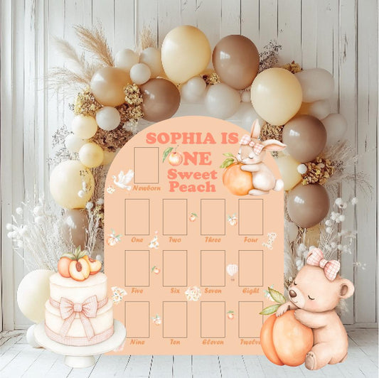 Personalized One Sweet Peach Birthday Photo Board — custom party decor, printed and cut to shape