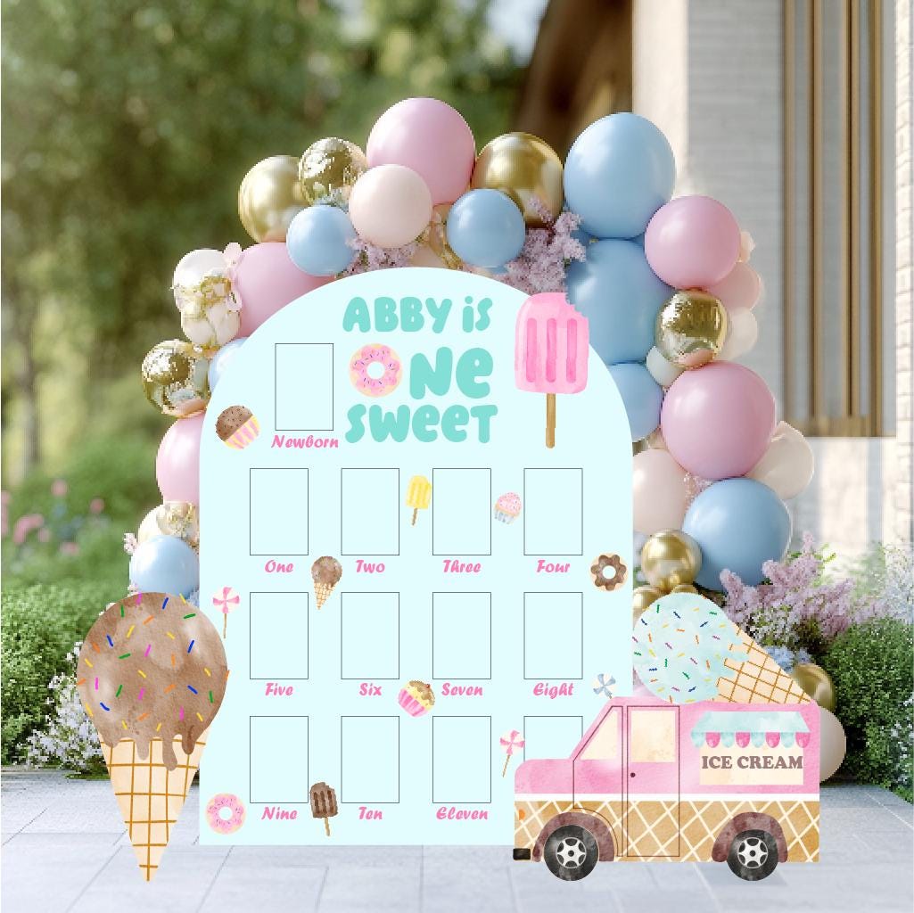 Personalized Ice Cream Birthday Photo Board — custom party decor, printed and cut to shape
