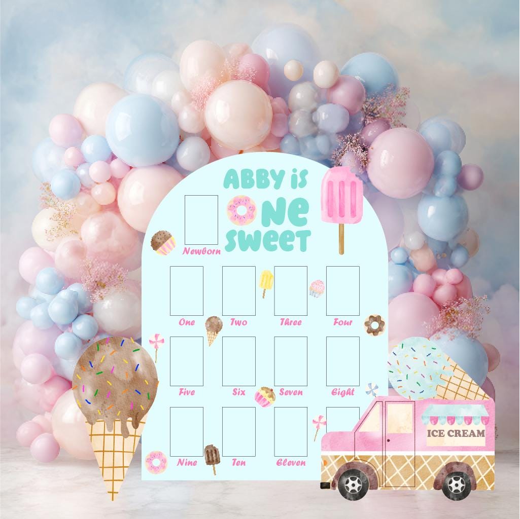 Personalized Ice Cream Birthday Photo Board, Ice Cream Truck, Baby Milestone, Sweet Party Decorations, Sweet One, 1st Birthday, Donuts Party