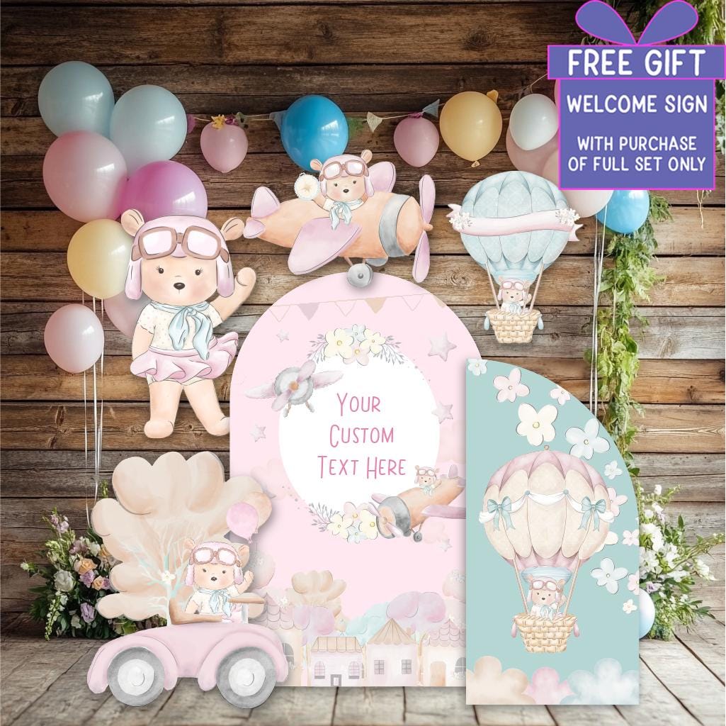Pink Aviator Bear Cutouts — custom party decor, printed and cut to shape