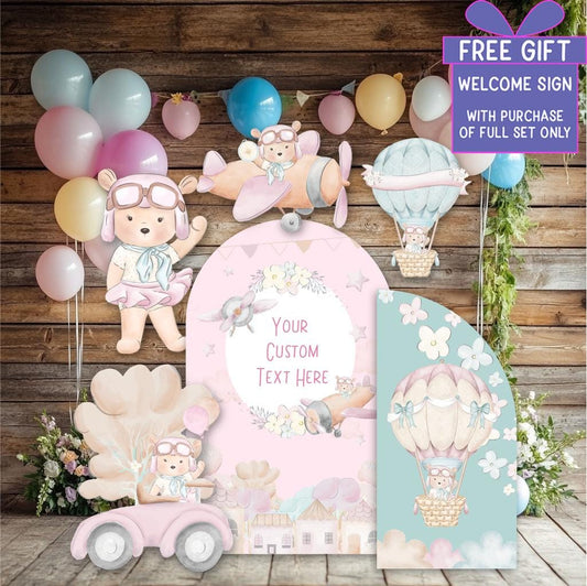 Pink Aviator Bear Cutouts — custom party decor, printed and cut to shape