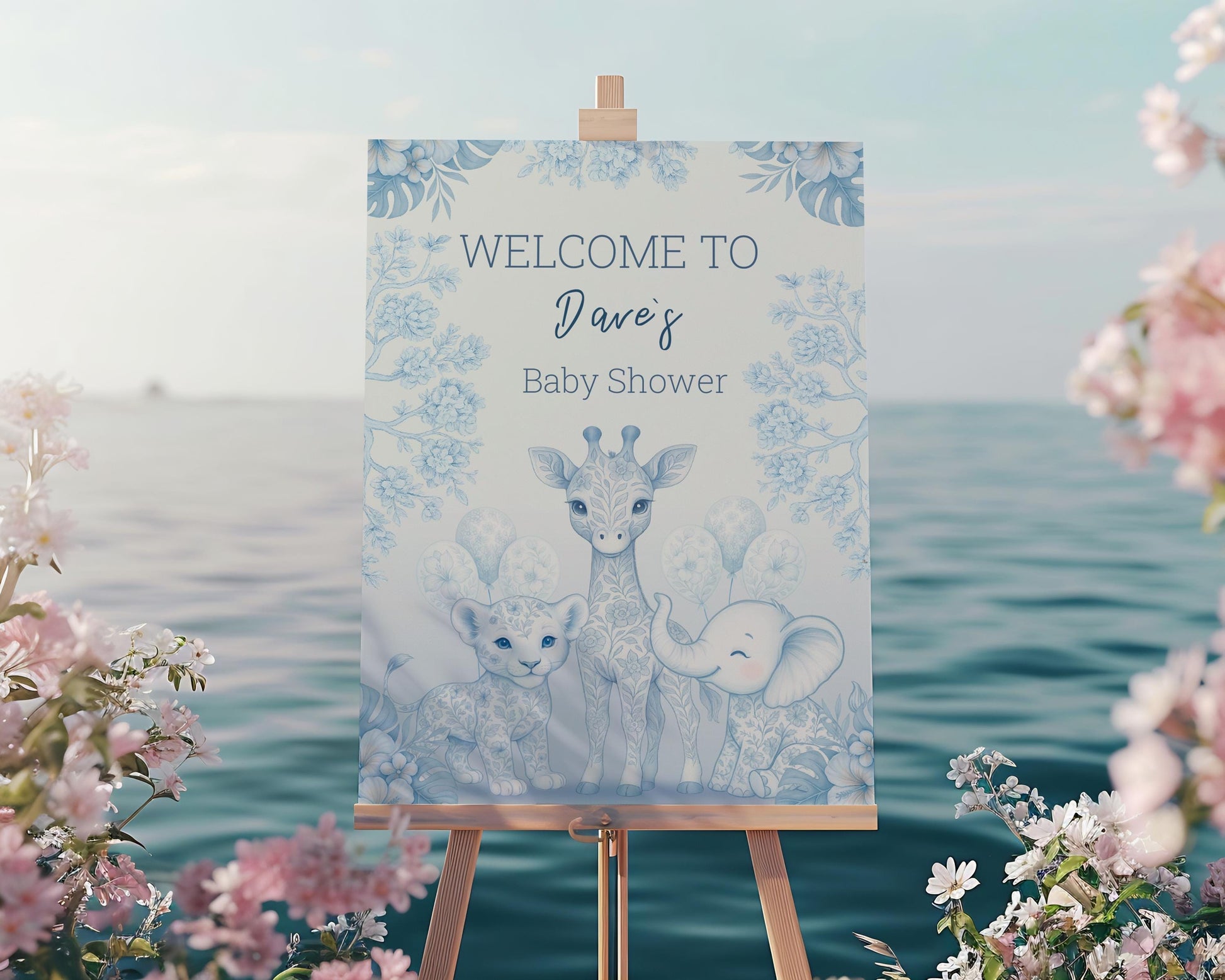 Blue Toile Safari Animals Cutouts, Chinoiserie Birthday Sign, Toile de Jouy Backdrop, Blue Safari Toile Baby Shower Decor, Hot Air Balloon