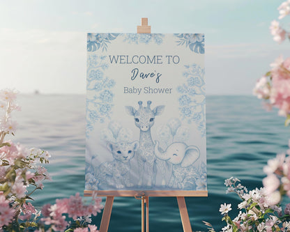 Blue Toile Safari Animals Cutouts, Chinoiserie Birthday Sign, Toile de Jouy Backdrop, Blue Safari Toile Baby Shower Decor, Hot Air Balloon