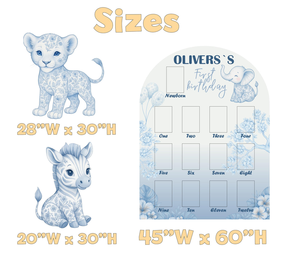 Personalized Blue Toile Safari Animals Cutout, Milestone, Boys First Birthday, First Year Photo Board, Safari Toile de Jouy, Chinoiserie