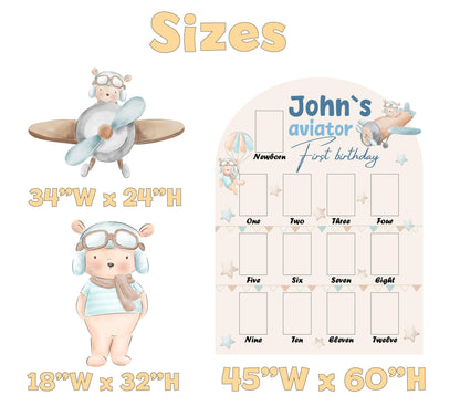 Personalized Blue Aviator Bear Photo Board, Boys First Birthday, First Year Photo Board, Time Flies, We Can Bearly Wait, Lawn Sign, Props