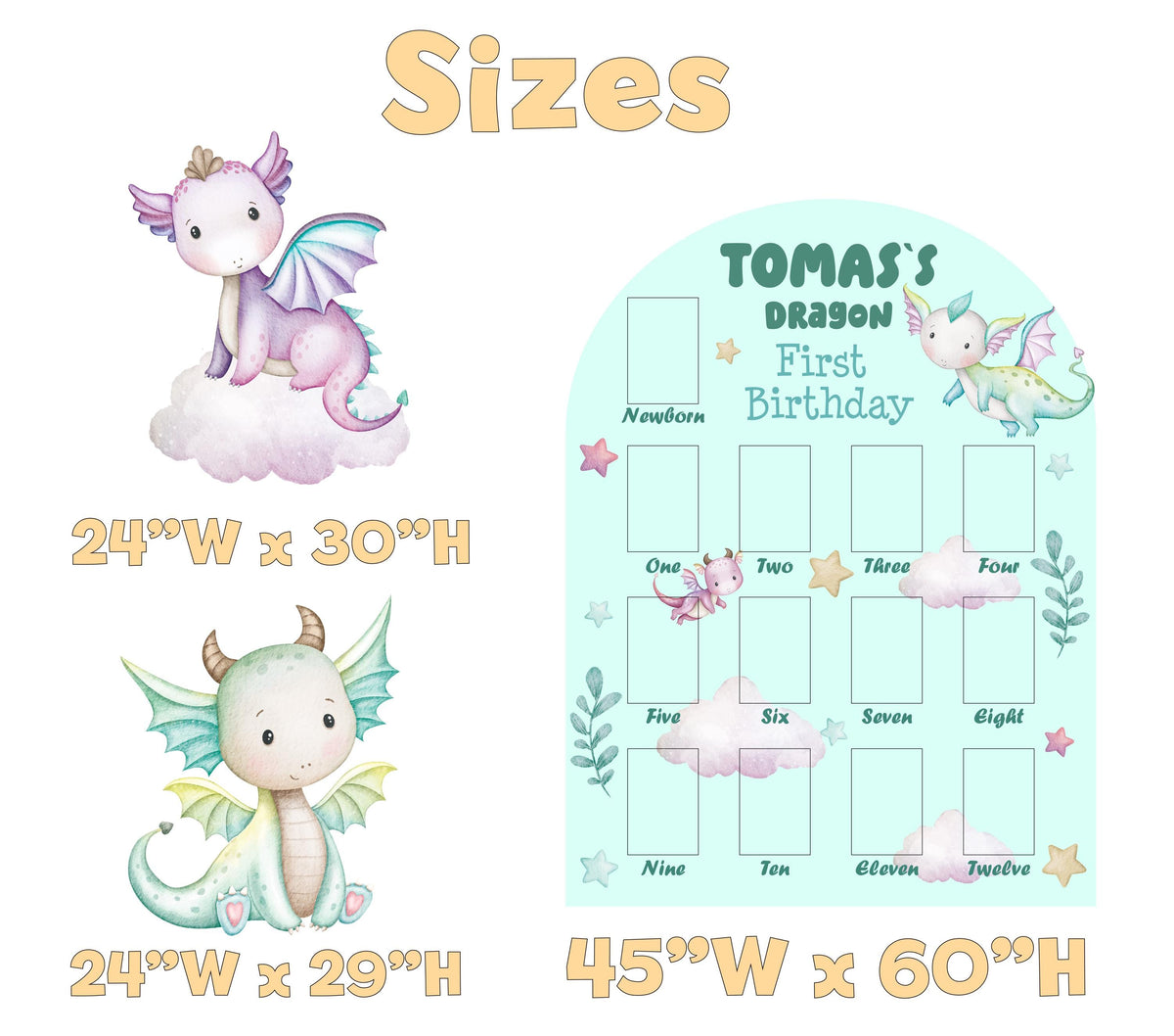 Personalized Pastel Baby Dragons Photo Board, Milestone, Boys First Birthday, First Year Photo Board, Baby Boy, Party Prop, Fairytale Dragon