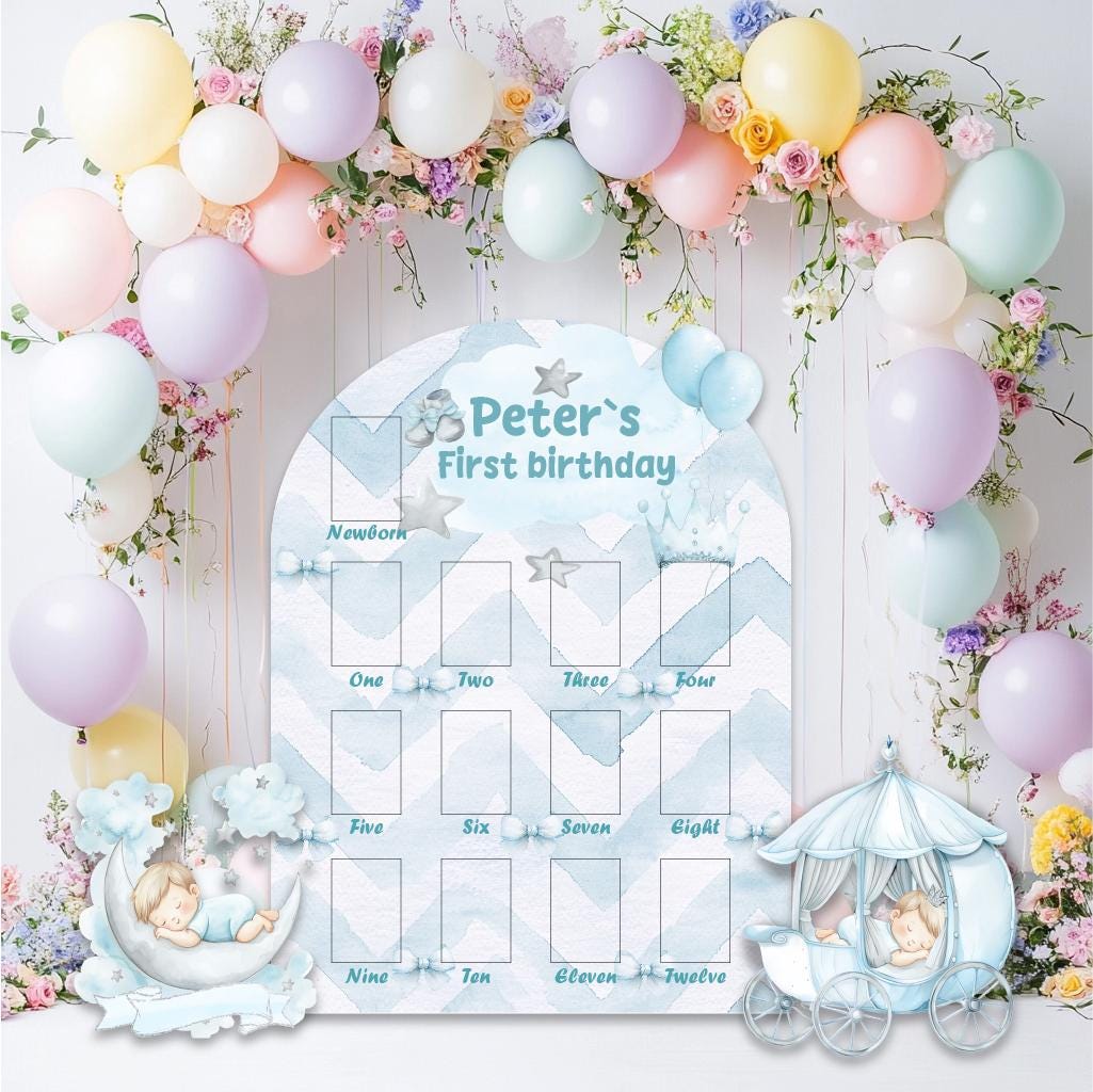 Personalized Little Prince Photo Board, Milestone, Boys First Birthday, First Year Photo Board, Blue Baby Boy,Blue Carriage,Baby Prince Prop